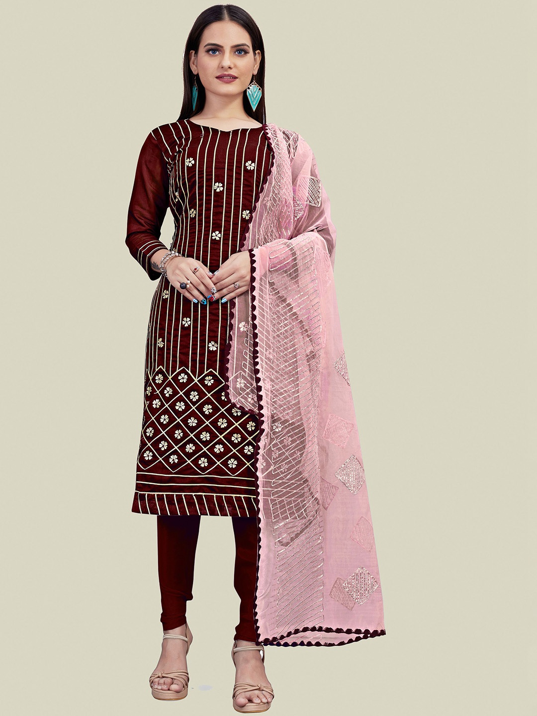 

HERE&NOW Floral Embroidered Unstitched Dress Material, Maroon