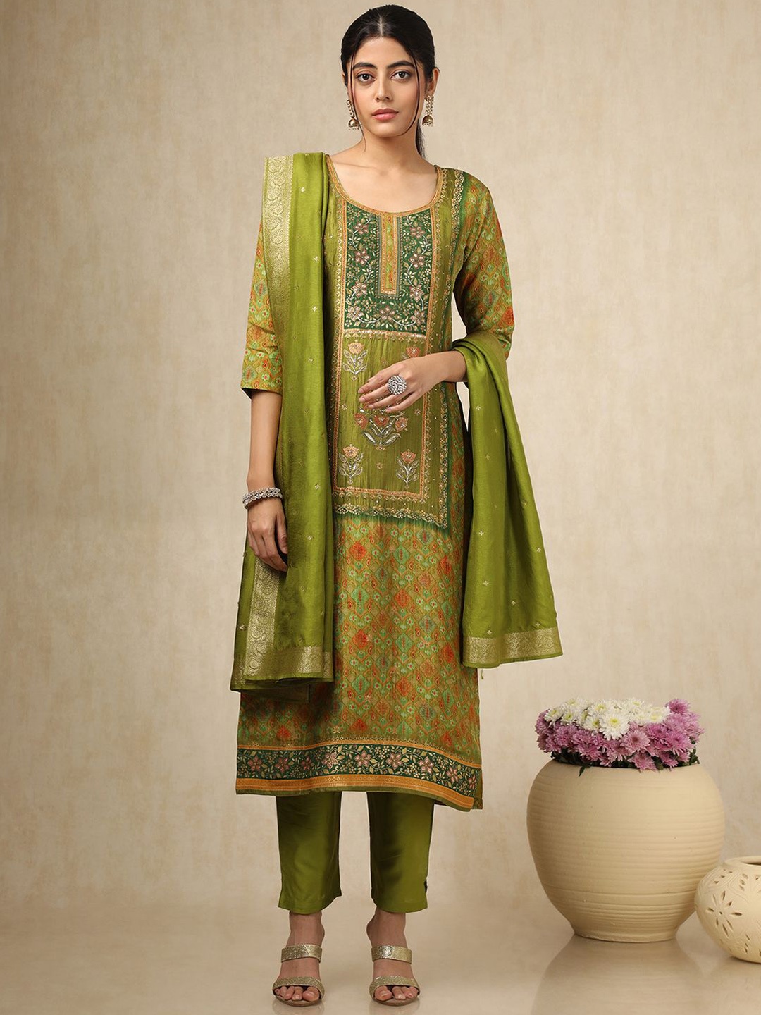 

Soch Floral Printed Zari Work Round Neck Straight Kurta With Trousers And Dupatta, Olive