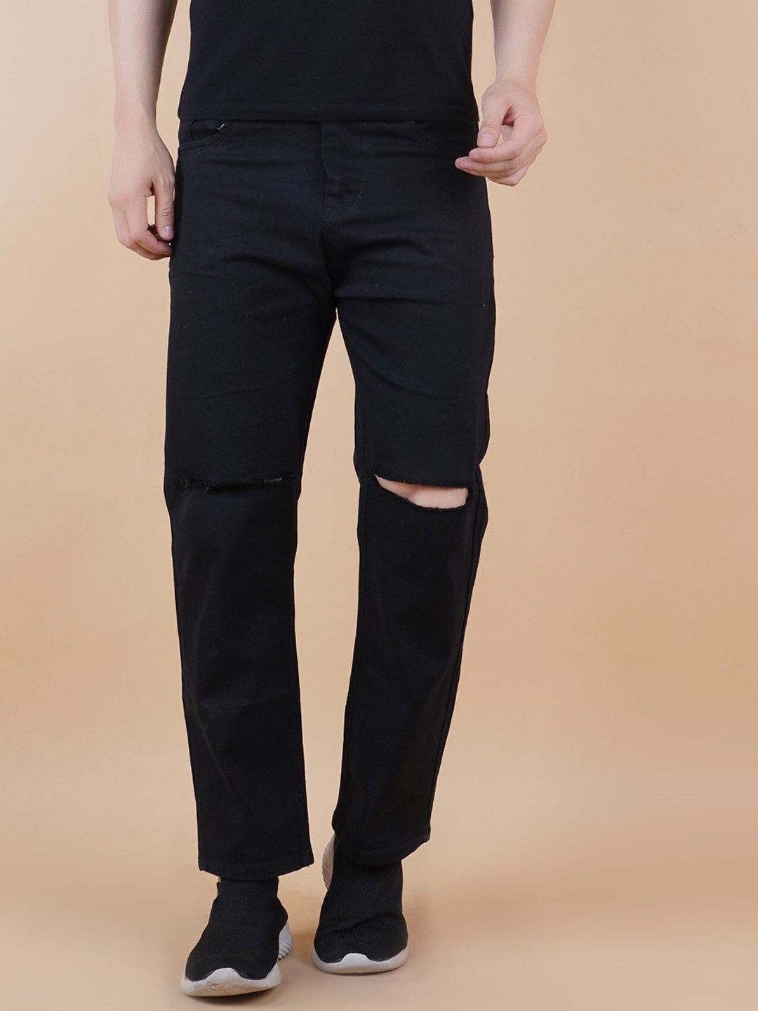 

LINARIA Men Classic Relaxed Fit Slash Knee Cotton Jeans, Black