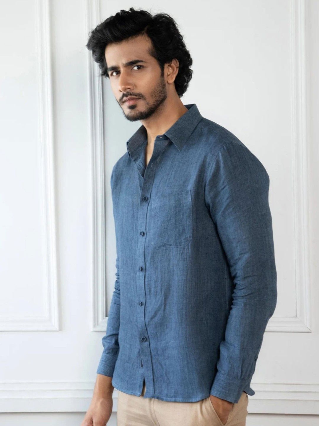 

TRYBEST Men Modern Fit Spread Collar Solid Cotton Casual Shirt, Blue
