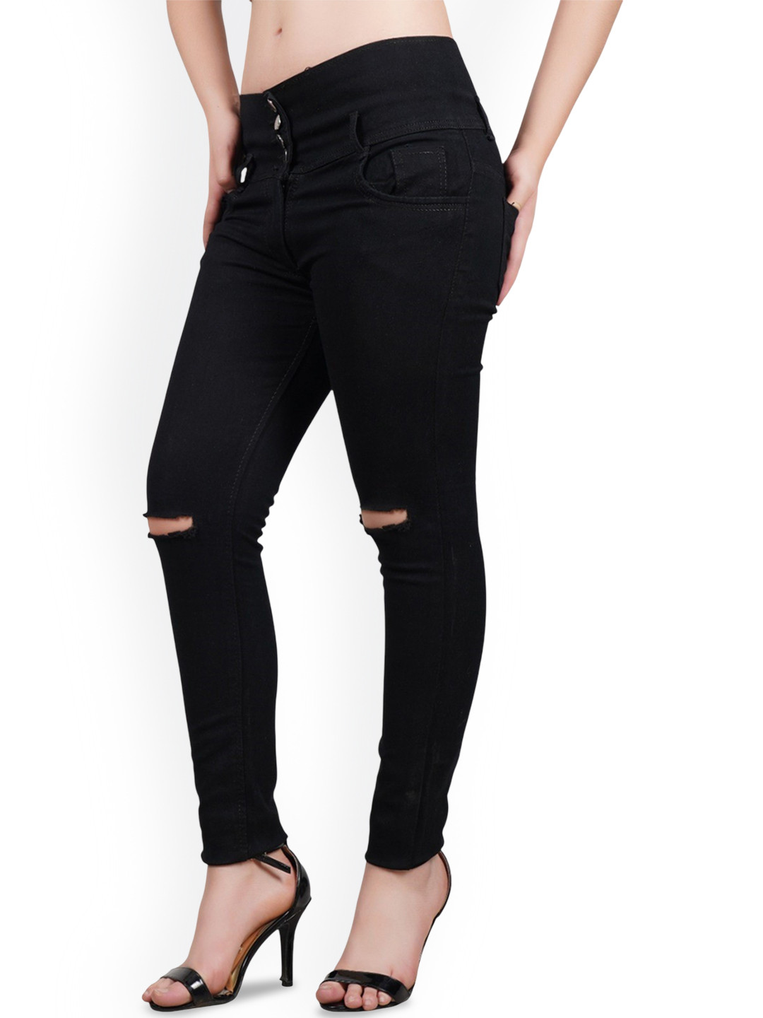

LINARIA Women Cotton Classic Slim Fit Mid-Rise Slash Knee Jeans, Black