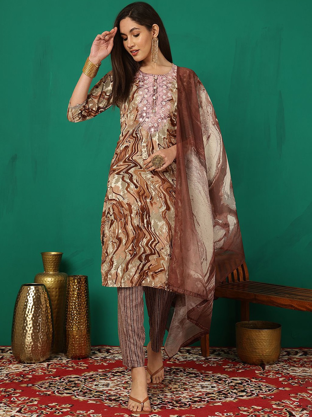 

Sangria Yoke Embroidered Round Neck Straight Kurta With Trouser & Dupatta, Brown