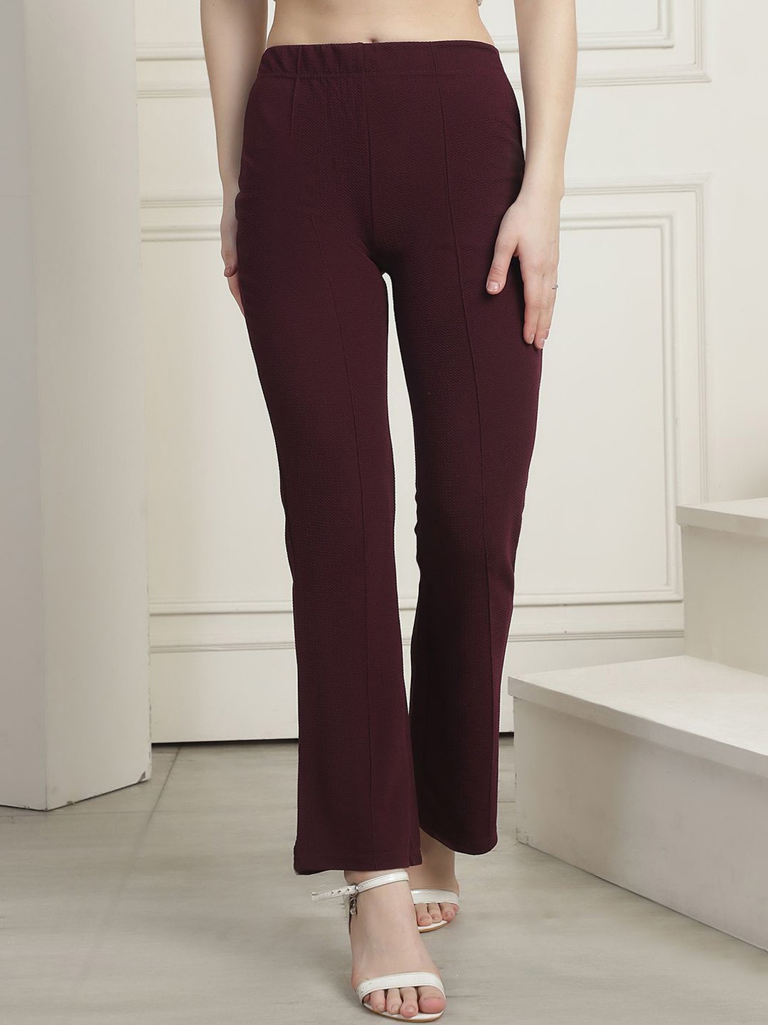 

Tromko Women Cotton Relaxed Regular Fit High-Rise Bootcut Trousers, Maroon