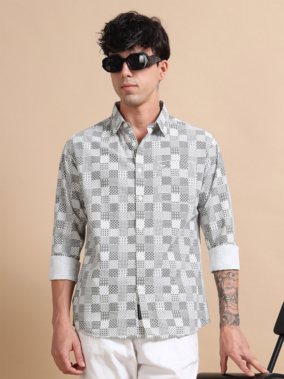 

RIGS AND RAGS Men Classic Fit Spread Collar Geometric Printed Cotton Casual Shirt, Beige