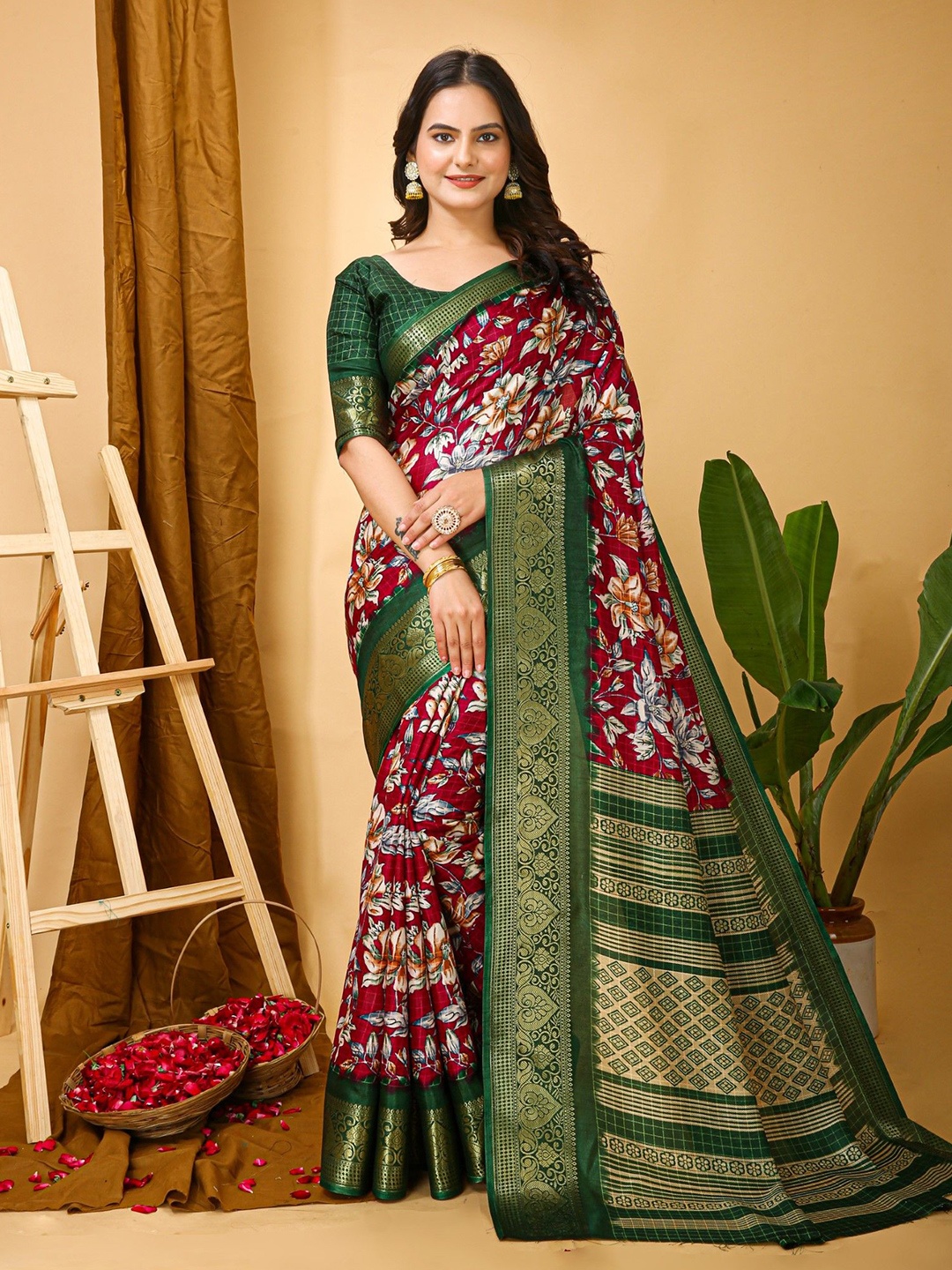 

KALINI Floral Zari Kanjeevaram Saree, Maroon