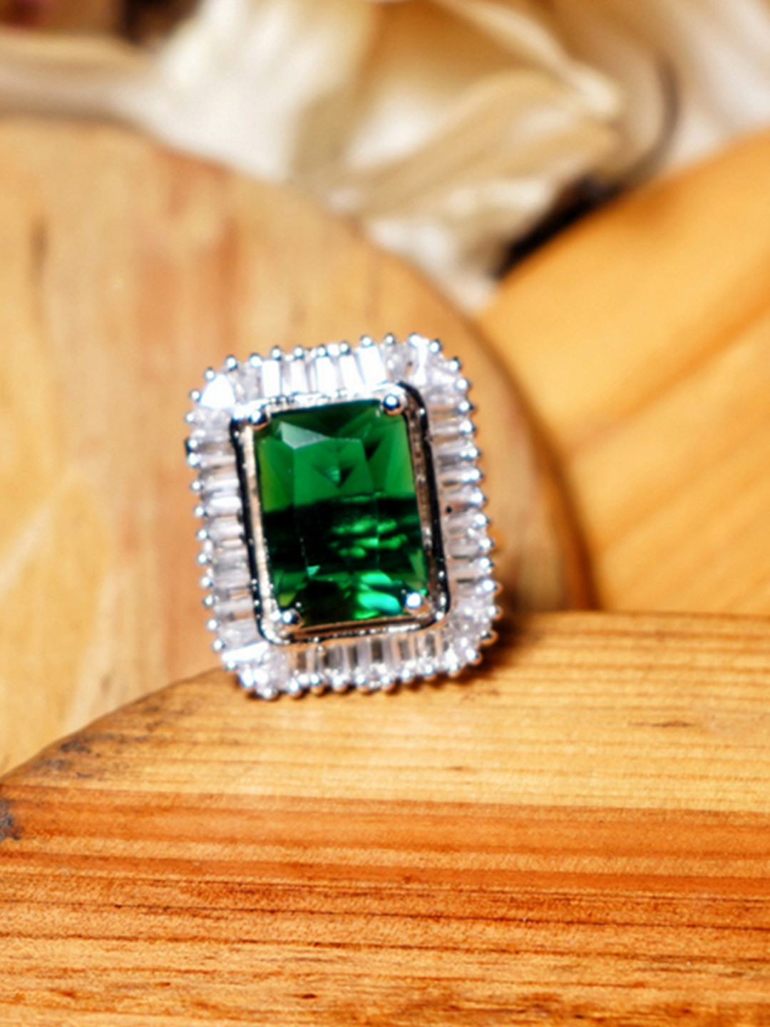 

Chaandi Rivaaz Miyra Rhodium-Plated Cubic Zirconia Studded Finger Ring, Green