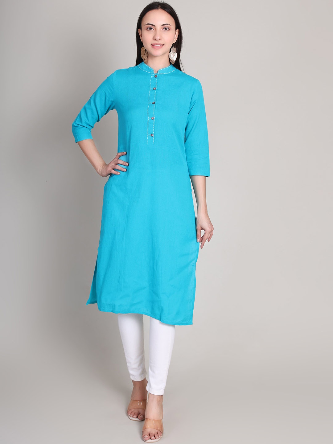 

DELIS Mandarin Collar Linen Straight Kurta, Blue