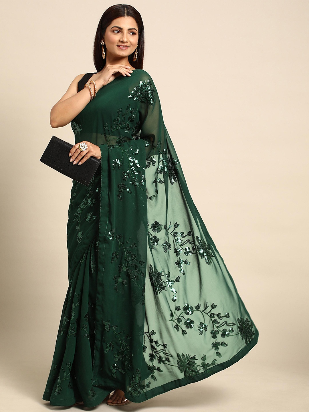 

THE52 Floral Sequined Saree With Blouse Piece, Green
