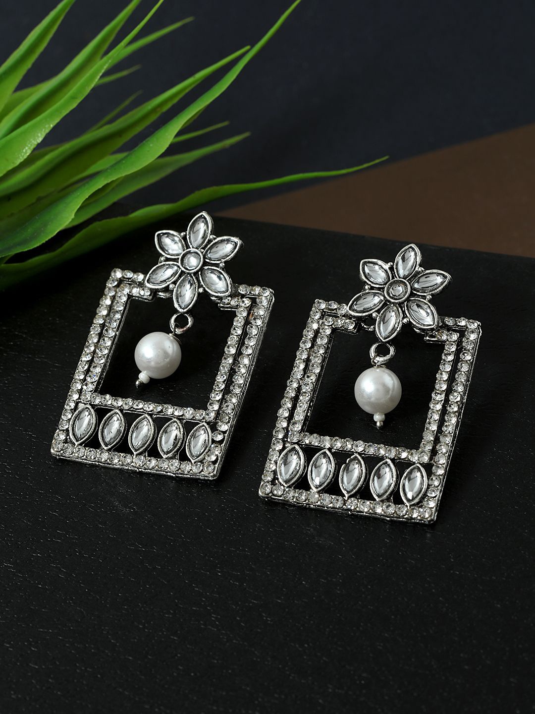 

Sangria Silver-Plated Artificial Stones Studded & Beaded Triangular Drop Earrings