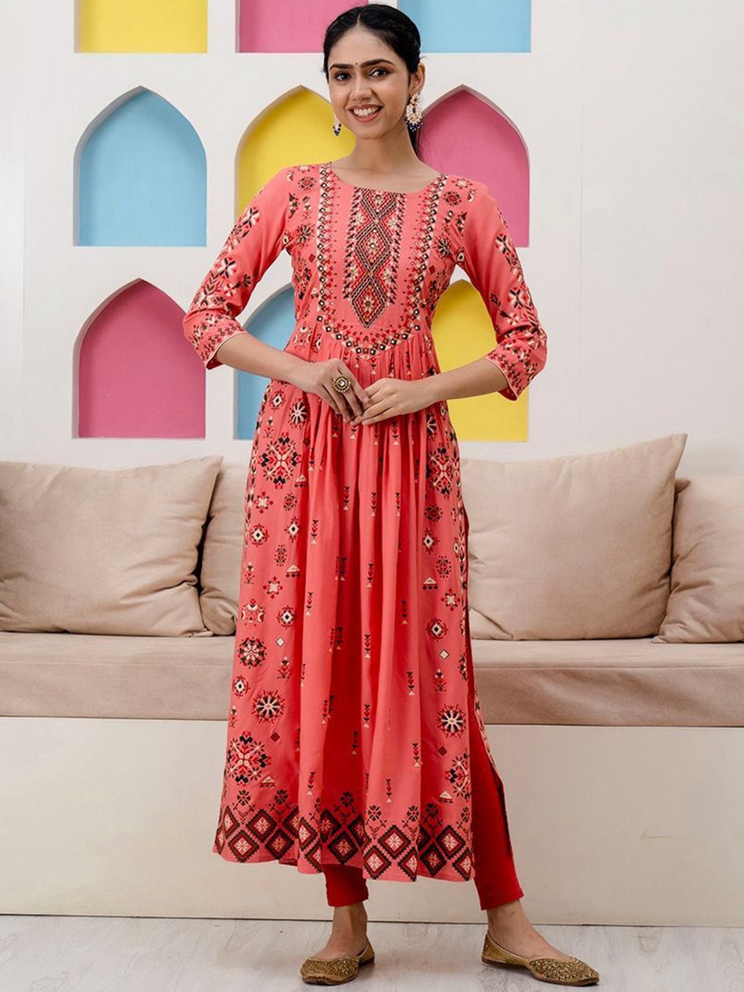 

RAABA Ethnic Motifs Printed Pleated Mirror Work A-Line Kurta, Pink