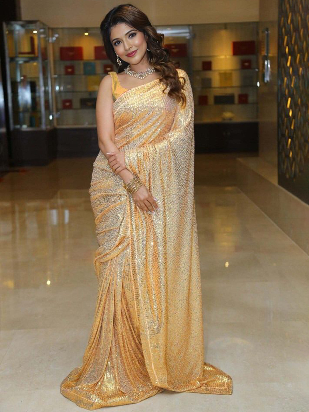 

MADHUR HAND WORK ART Sequinned Embellished Saree With Unstitched Blouse Piece, Gold