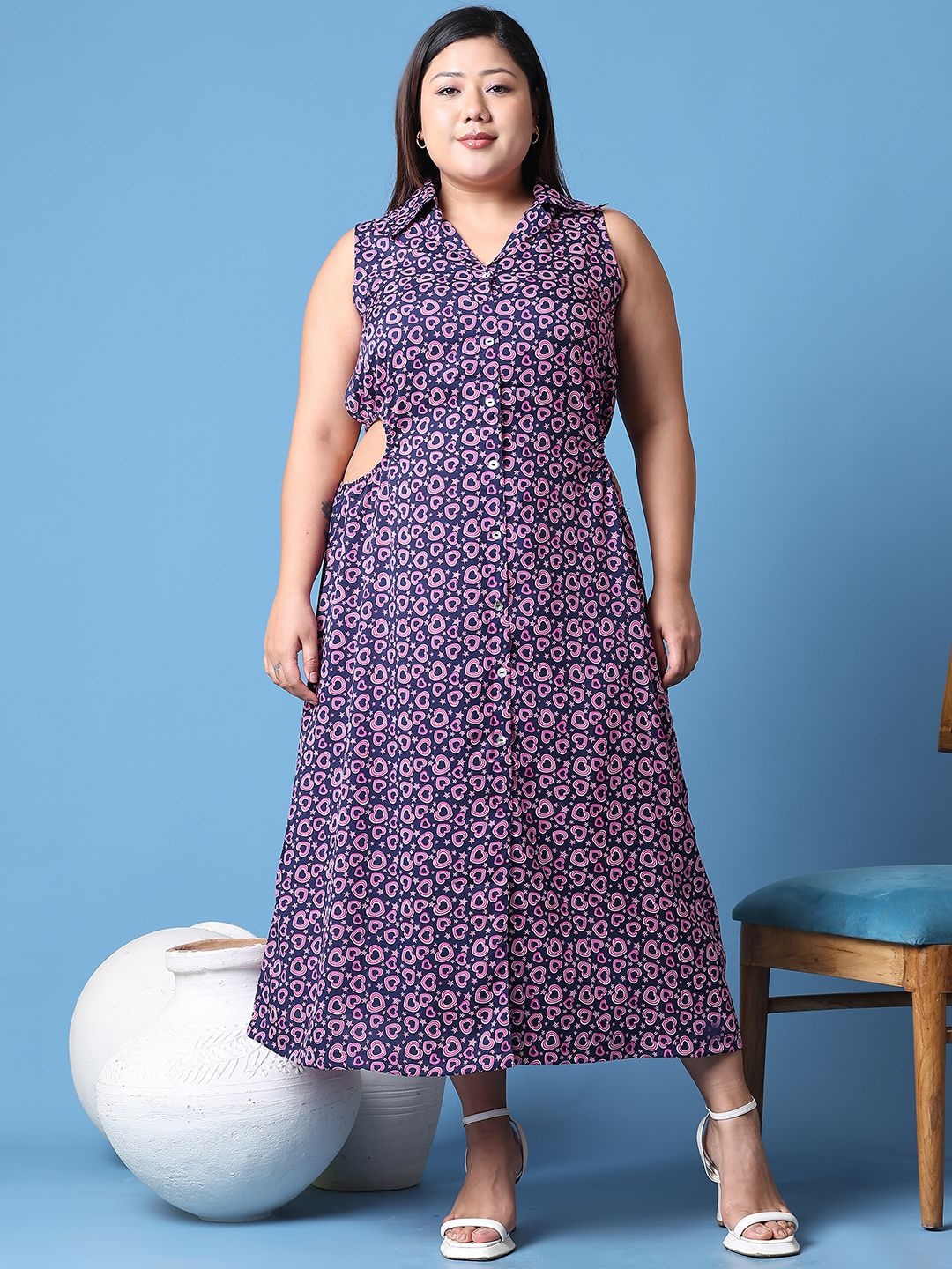 

theRebelinme Women Floral Printed Cut-Outs A-Line Plus Size Midi Dress, Navy blue