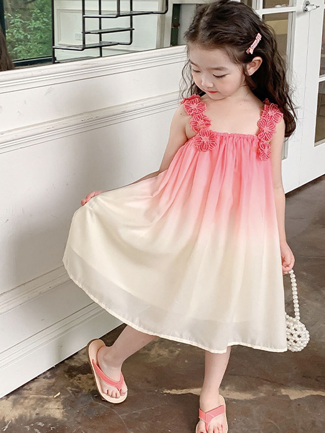 

LULU & SKY Girls Cotton Shoulder Straps Applique Dyed Ombre A-Line Dress, Pink