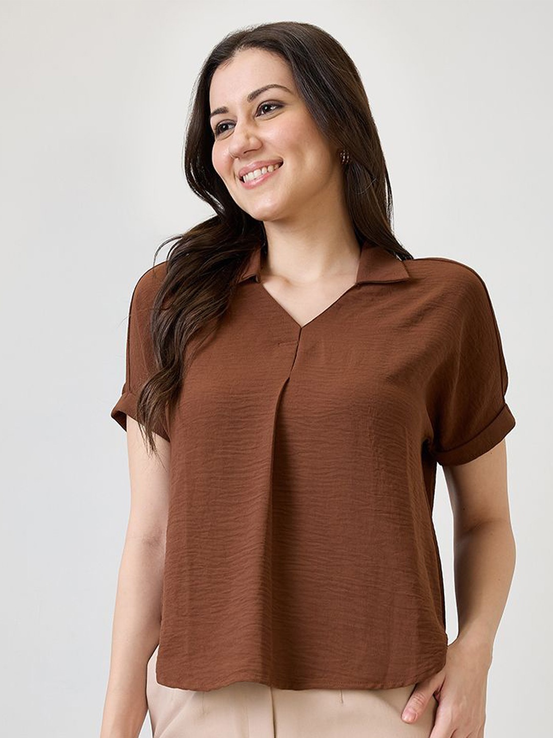 

Globus Women Collar Neck Extended Sleeves Self Design Shirt Style Workwear Top, Brown