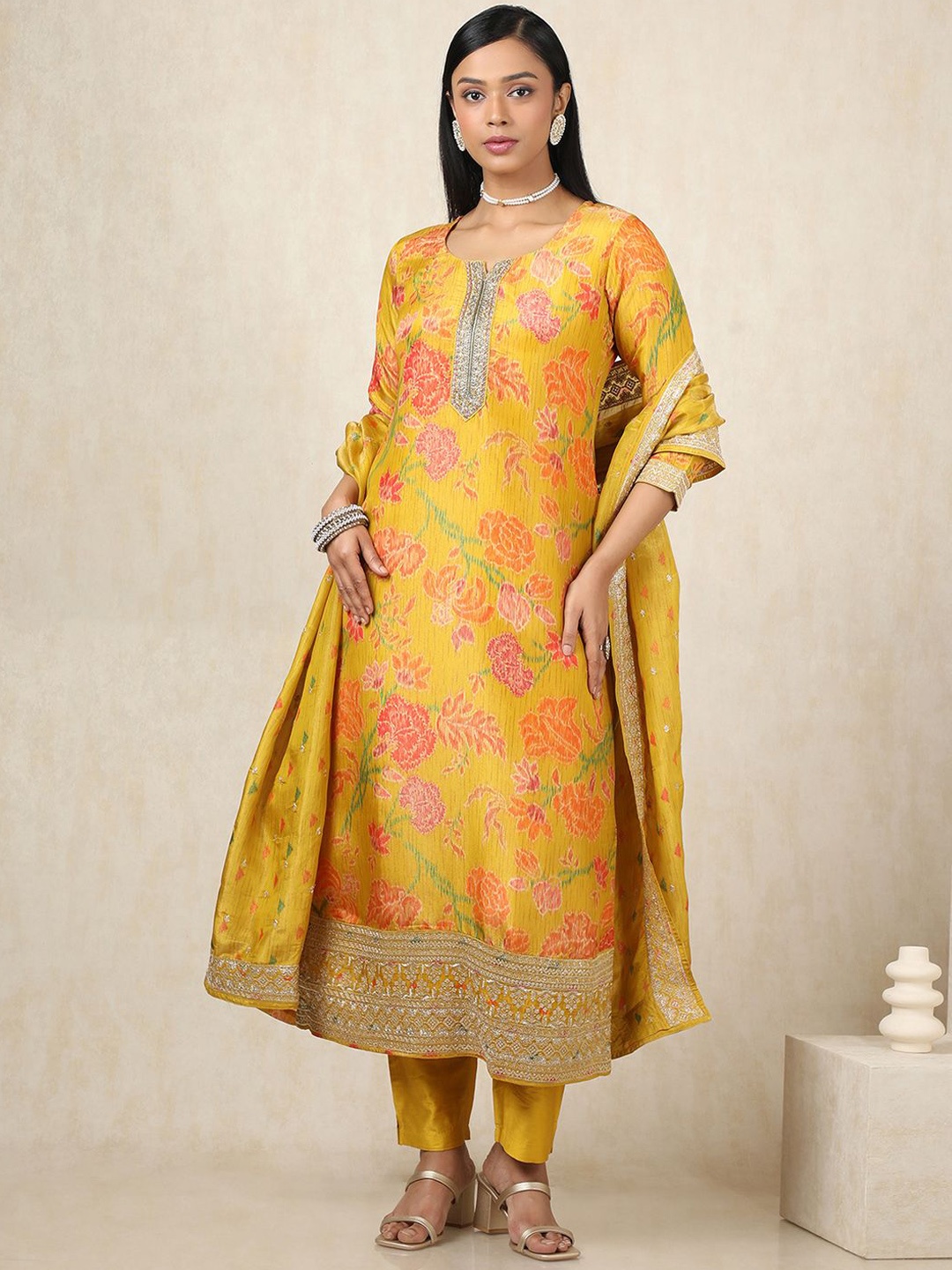 

Soch Ethnic Motifs Printed Thread Work Tissue Straight Kurta With Trousers And Dupatta, Mustard