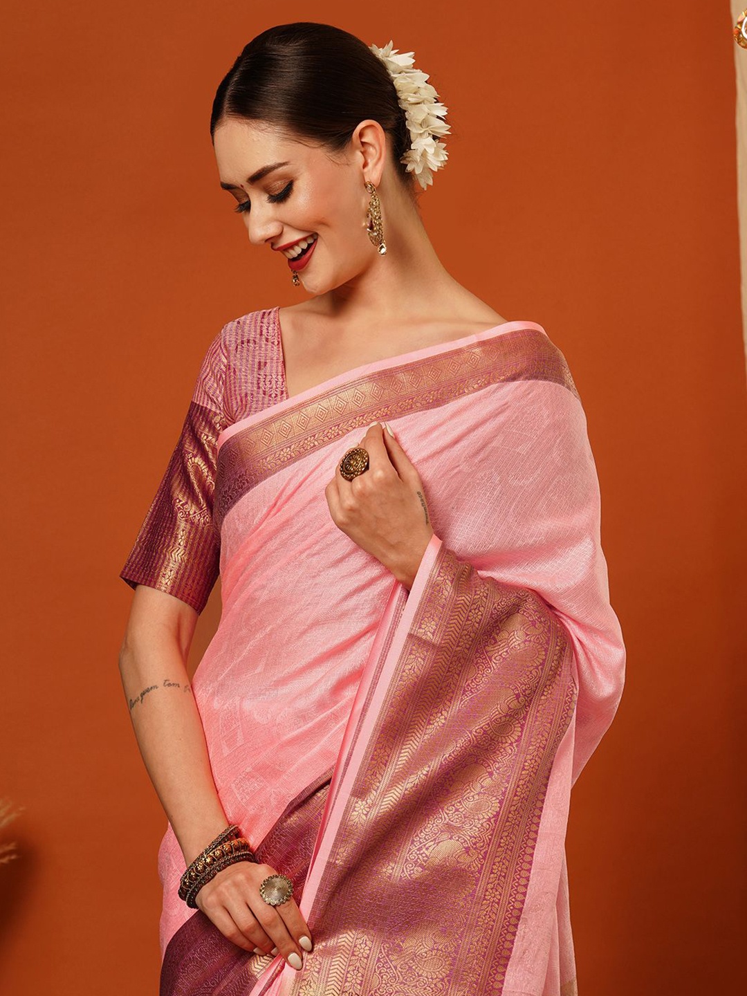 

yourwish Ethnic Motifs Zari Mysore Silk Saree, Pink