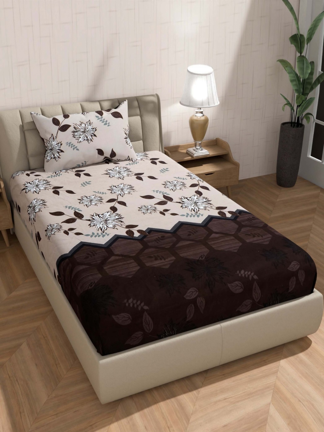 

BLUEDOT Coffee Brown & Beige Floral Printed 210 TC Single Bedsheet Set