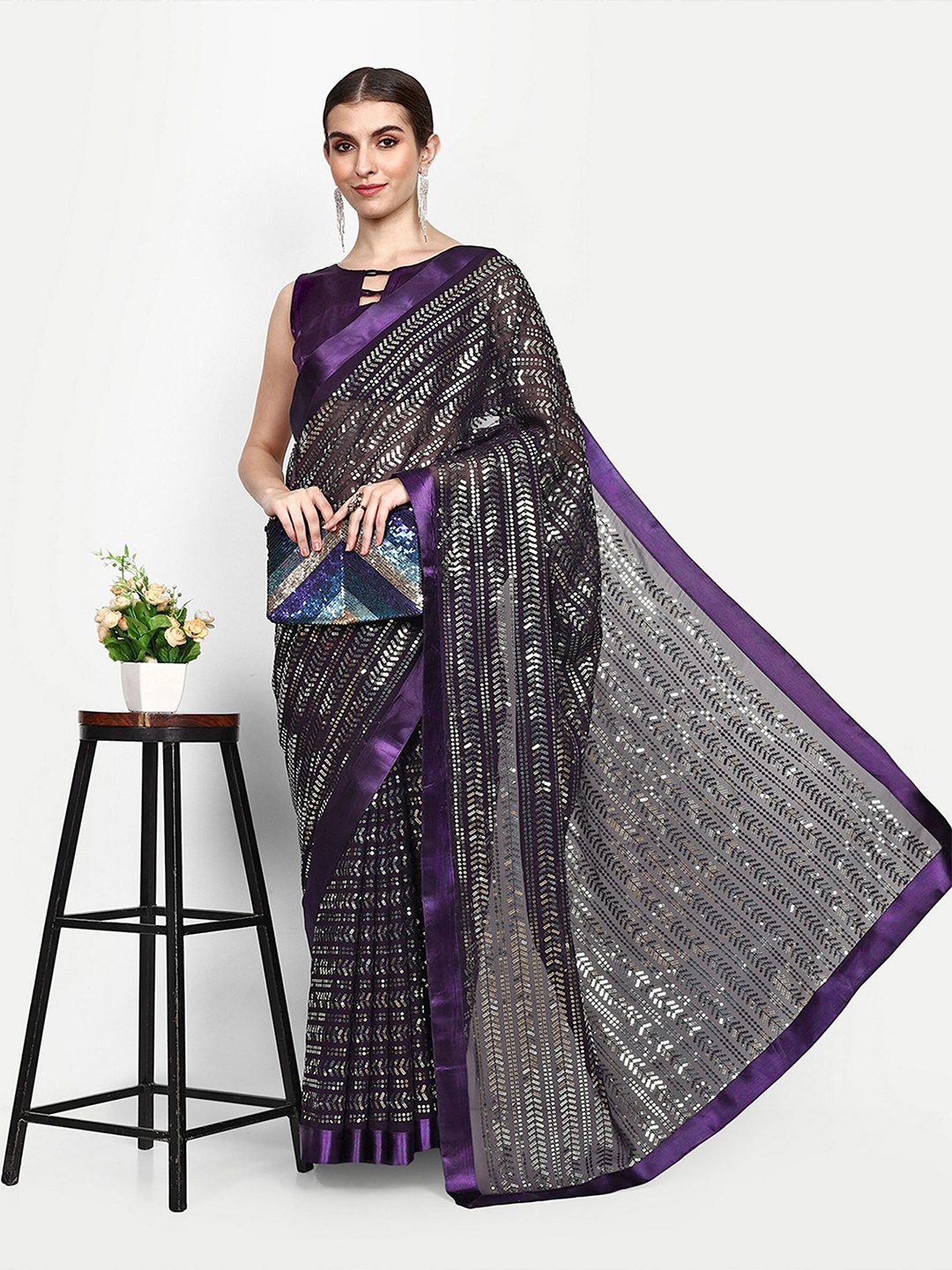 

The52 Embellished Sequinned Saree With Unstitched Blouse Piece, Purple