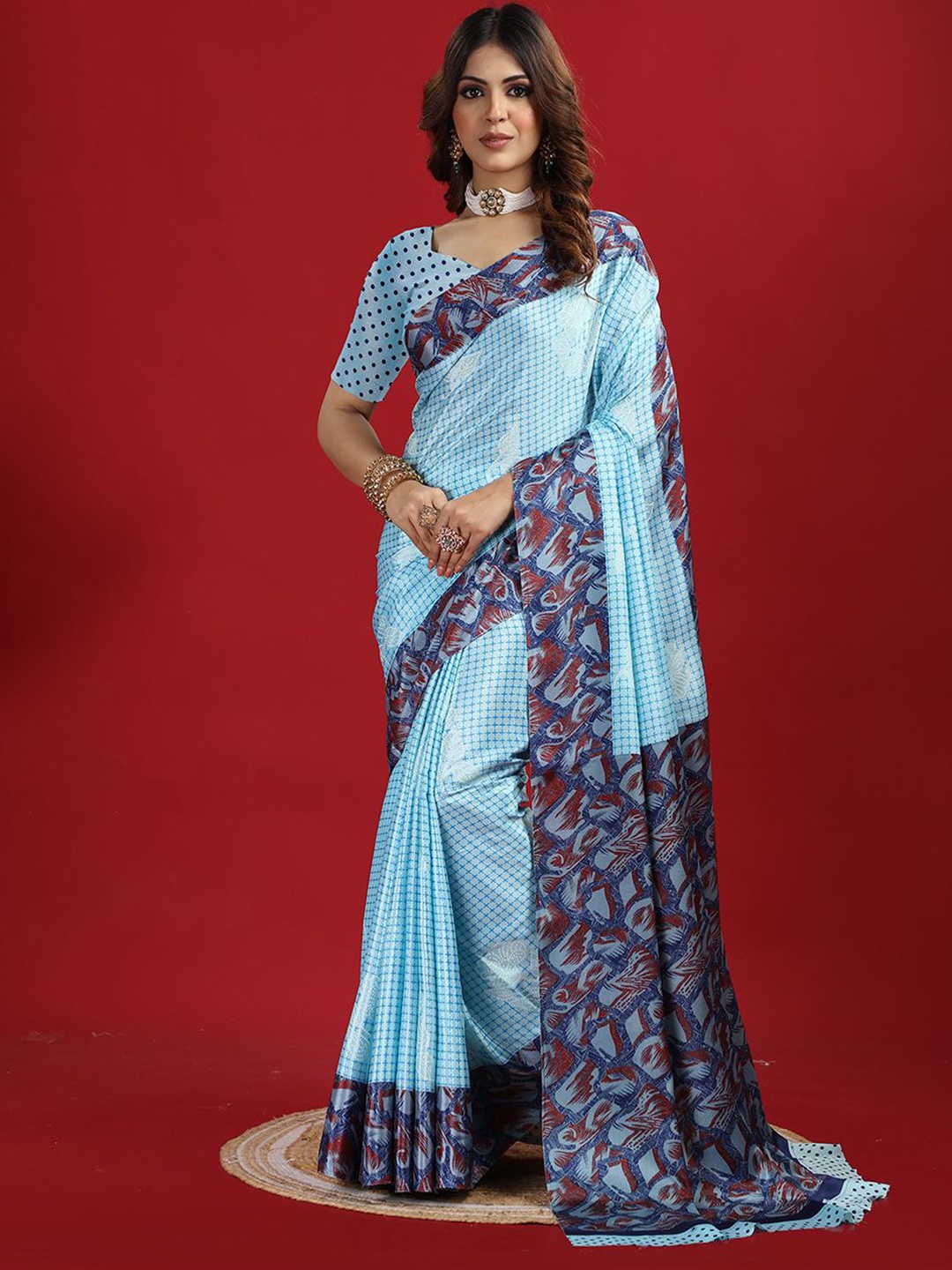 

Virendra Textiles Pure Crepe Checked Printed Saree With Unstitched Blouse Piece, Blue