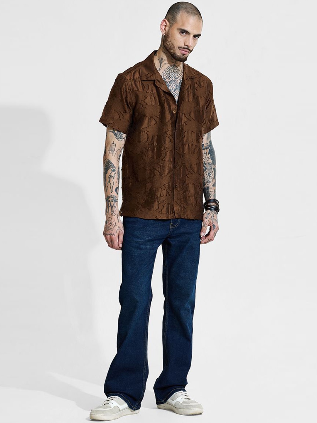 

Snitch Men Cuban Collar Textured Casual Shirt, Brown