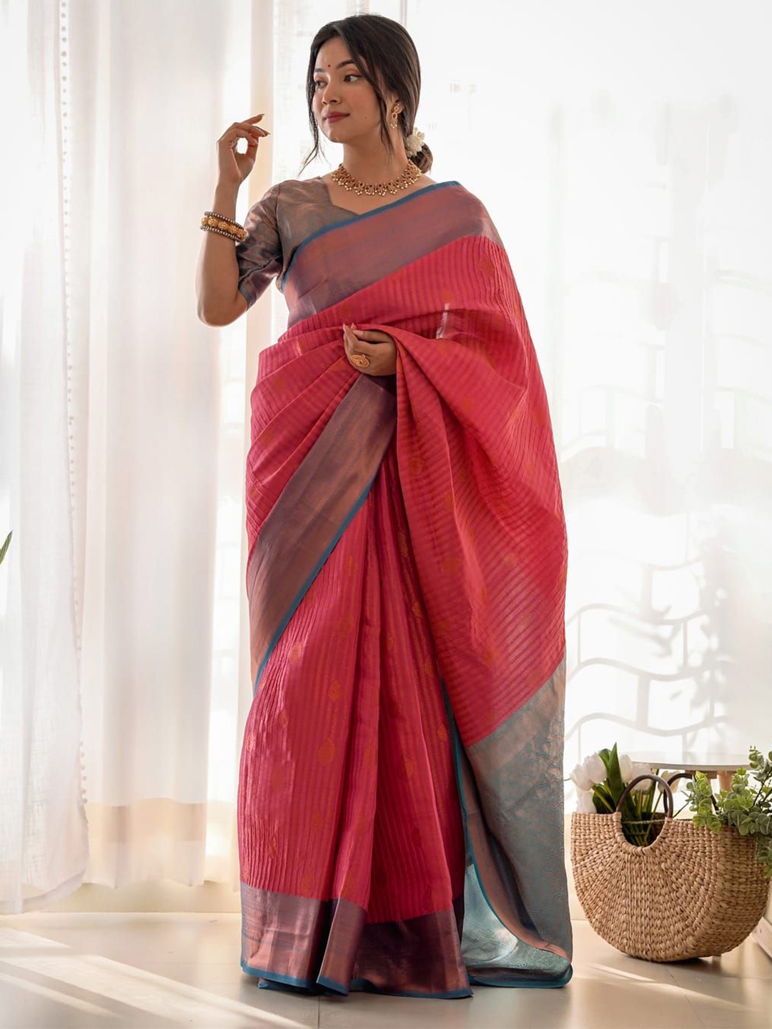 

House of Pataudi Ethnic Motifs Woven Design Kanjeevaram Saree, Orange