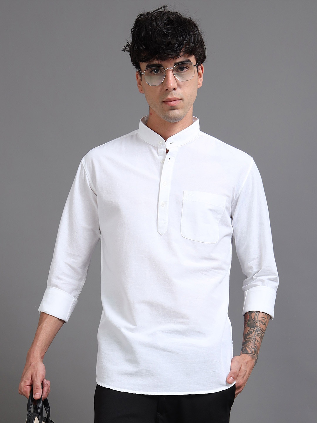 

RIGS AND RAGS Men Classic Fit Mandarin Collar Solid Linen Casual Shirt, White