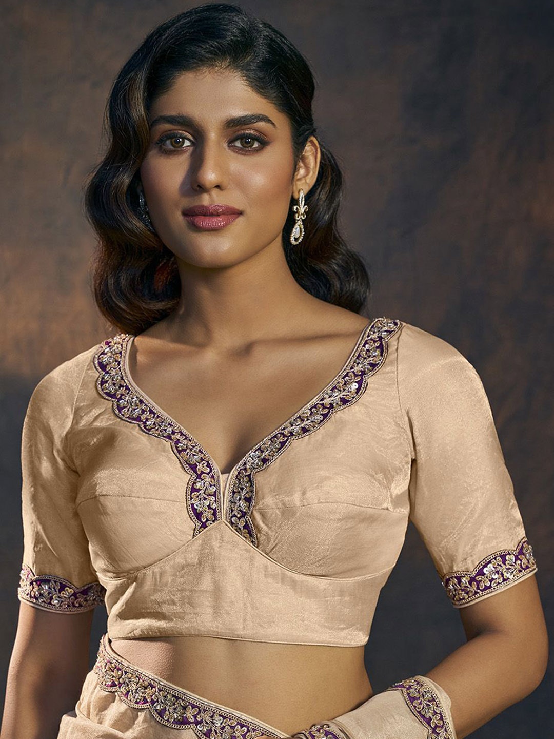 

SALWAR STUDIO Embroidered V Neck Padded Saree Blouse, Beige