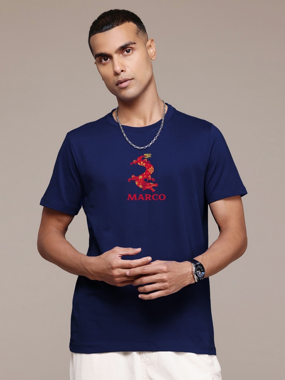 

Enciger Men Printed Applique T-shirt, Navy blue