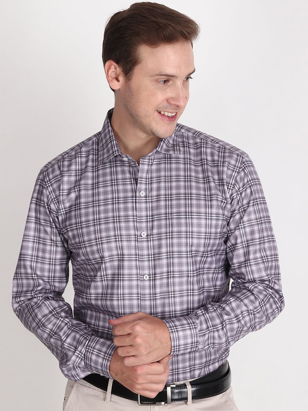 

APPEL TOUCH Men Comfort Regular Fit Spread Collar Tartan Checked Cotton Casual Shirt, Lavender