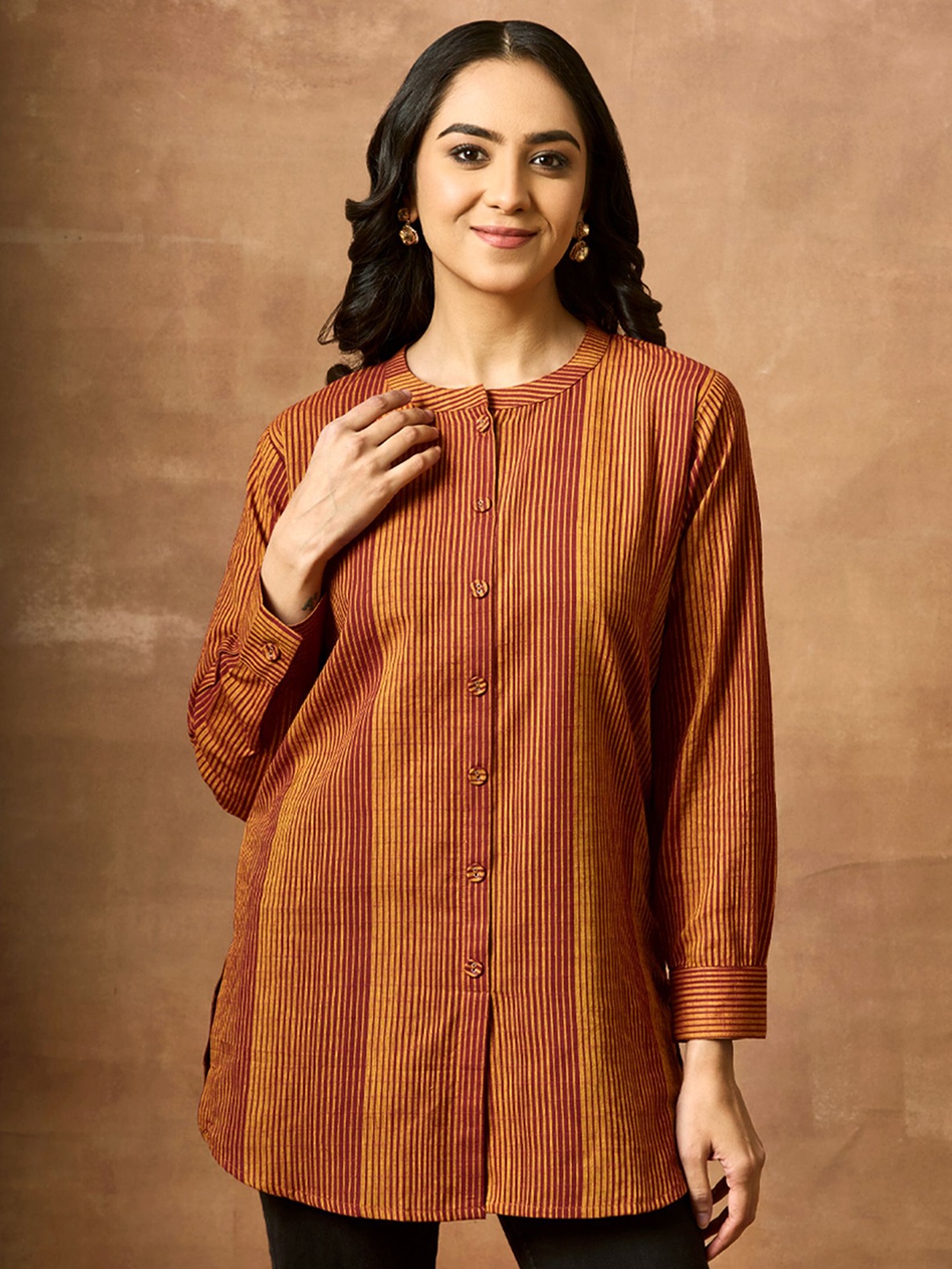 

WOMEN PLUS Women Striped Pure Cotton Short Tunic, Orange