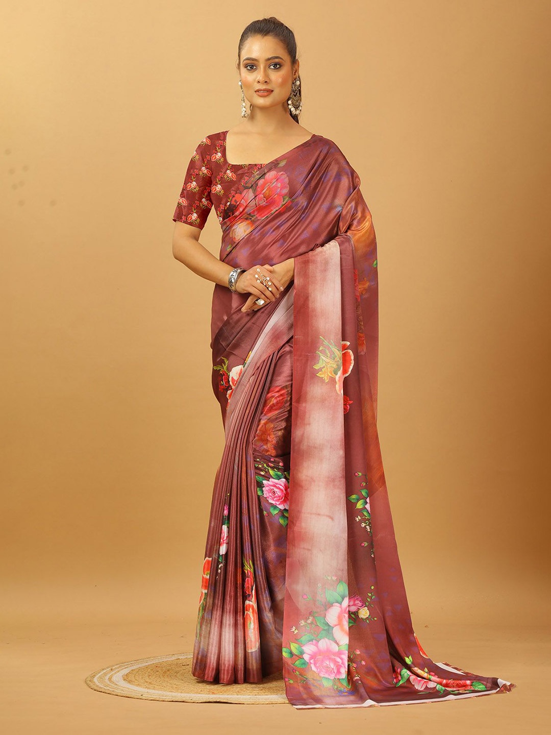 

VIRENDRA TEXTILES Floral Printed Pure Crepe Saree, Brown