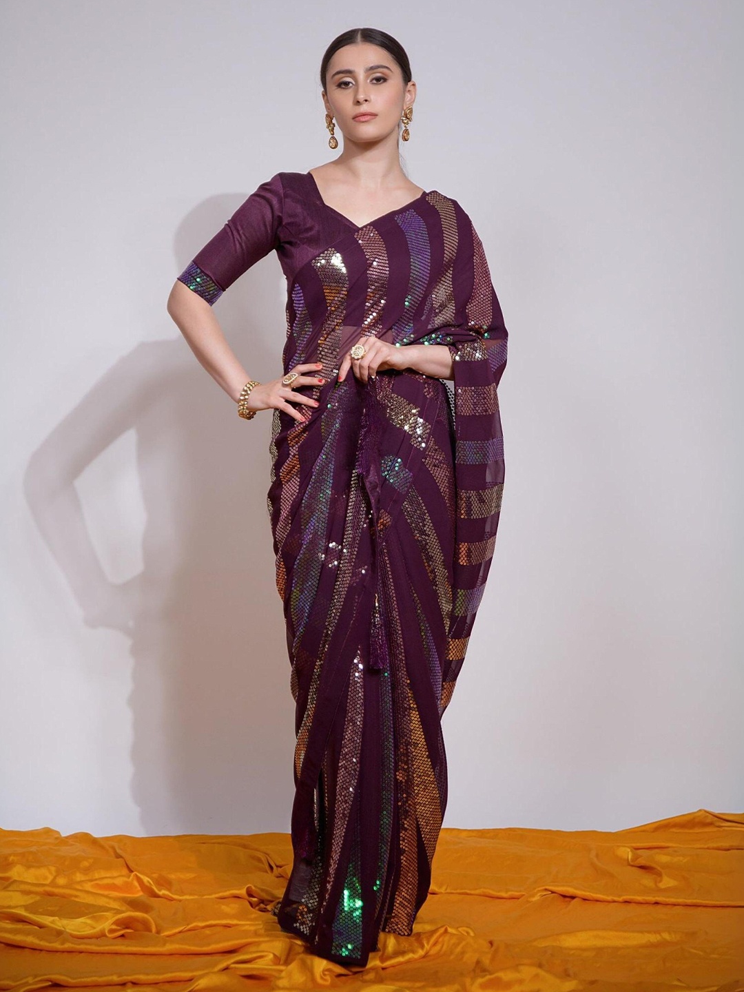 

THE52 Embellished Sequinned Pure Georgette Saree, Purple