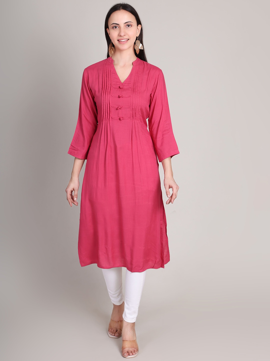 

DELIS Pleated Mandarin Collar A-Line Kurta, Pink