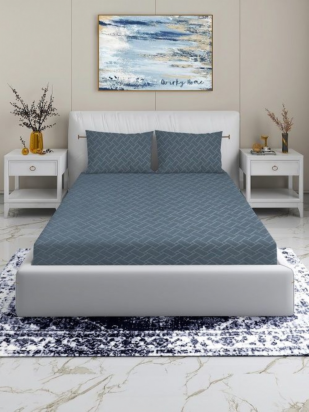 

Quirky Home Embossa Charcoal & Grey Geometric Cotton 180 TC King Bedsheet Set-2.74mX2.74m