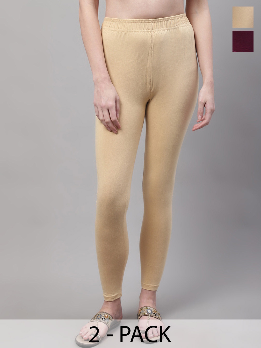 

Valles365 by S.C. Pack Of 2 Women Cotton Ankle-Length Leggings, Beige
