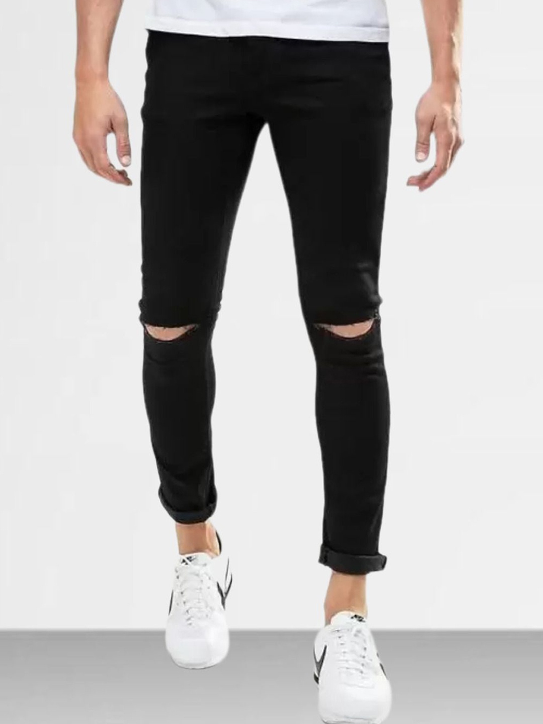 

LINARIA Men Classic Cotton Slim Fit Slash Knee Jeans, Black