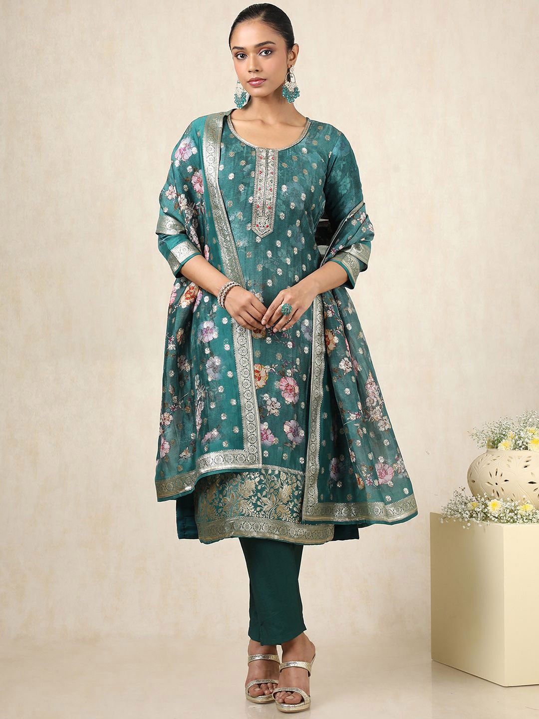 

Soch Floral Brocade Woven Design Art Silk Straight Kurta With Trousers & Dupatta, Teal