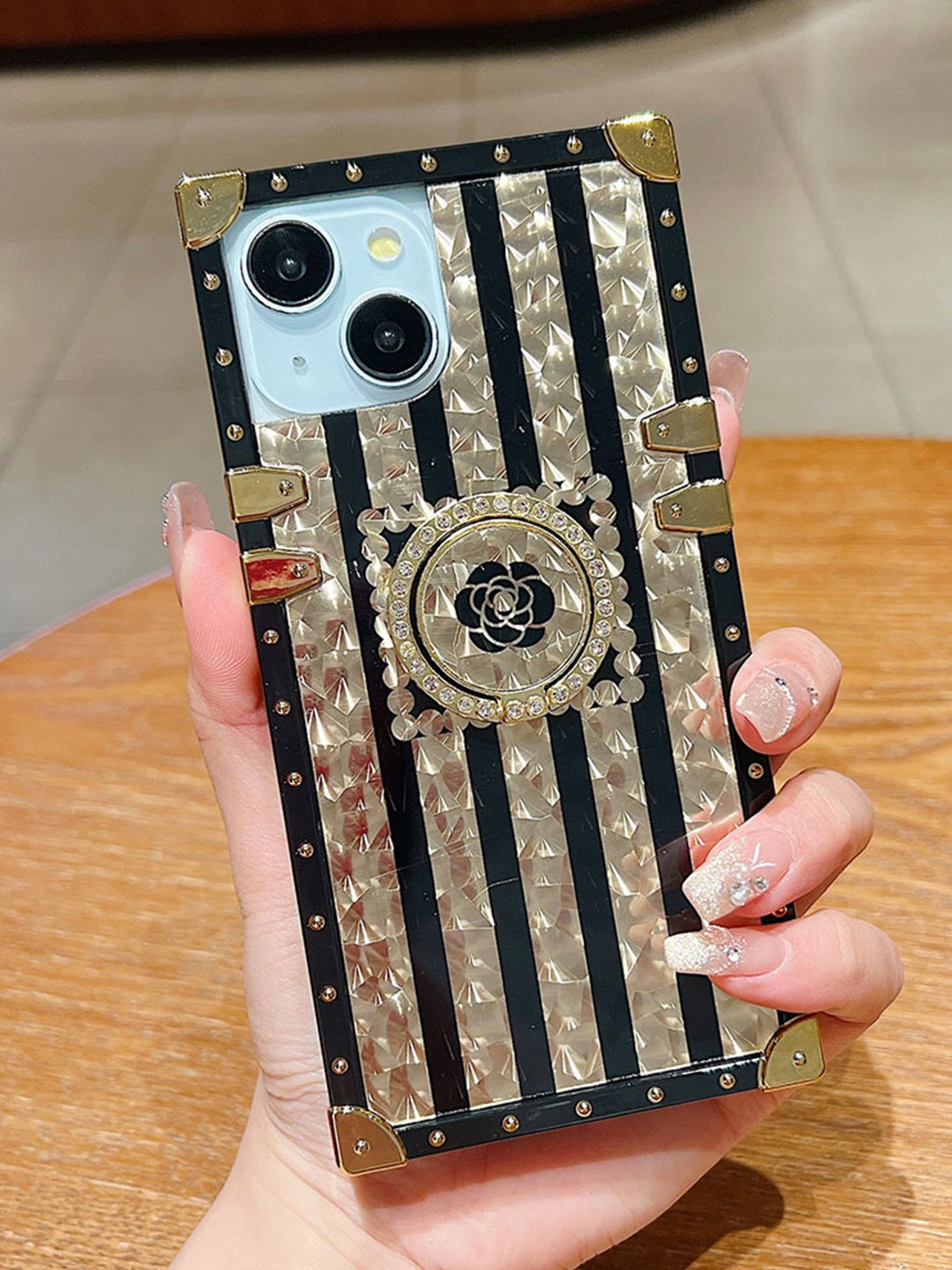 

Luxury Kase Floral Design & Ring Holder iPhone 15 Plus Back Case, Gold