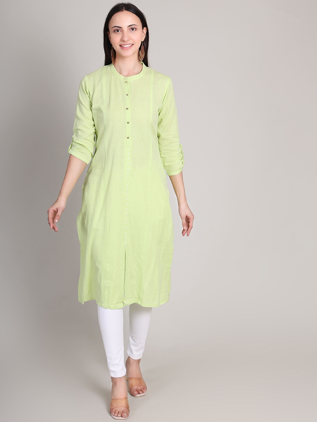 

DELIS Mandarin Collar Linen A-Line Kurta, Green