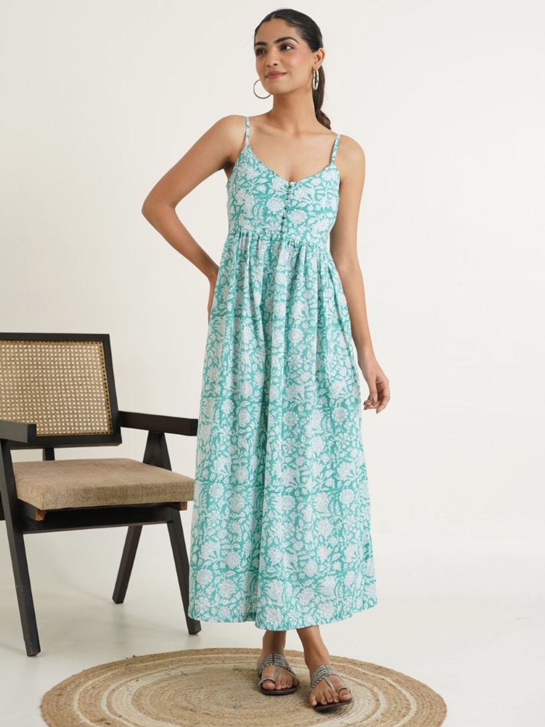

GOODHAND Women Floral Print Shoulder Straps Sleeveless Fit and Flare Maxi Dress, Sea green