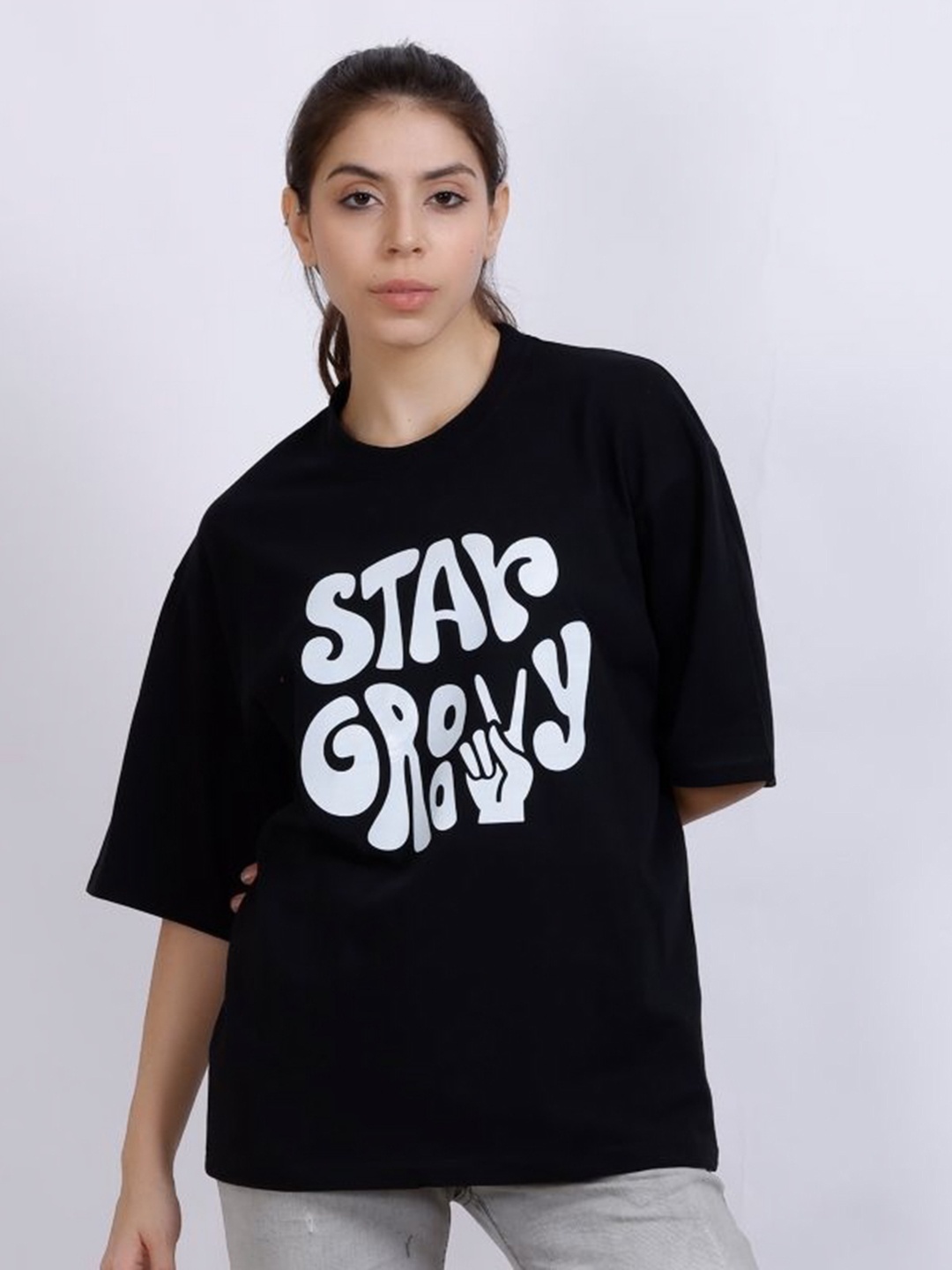 

MX Miazi Xchange Women Varsity Printed Applique T-shirt, Black