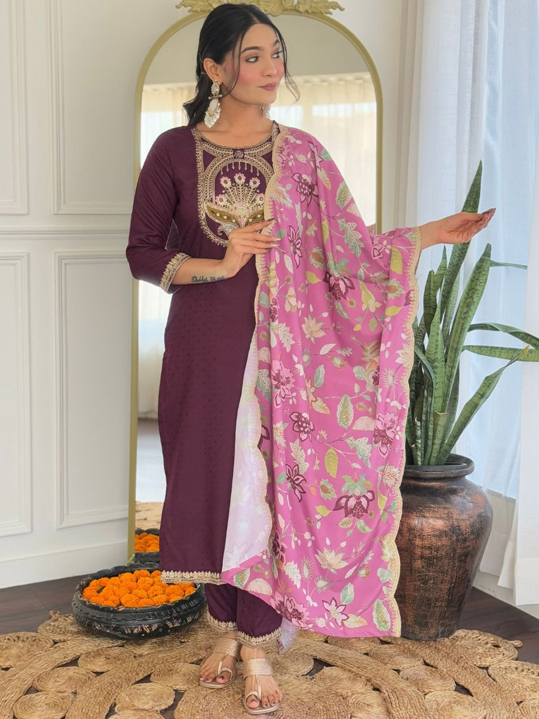 

KALINI Floral Embroidered Straight Thread Work Kurta With Trousers And Dupatta, Purple
