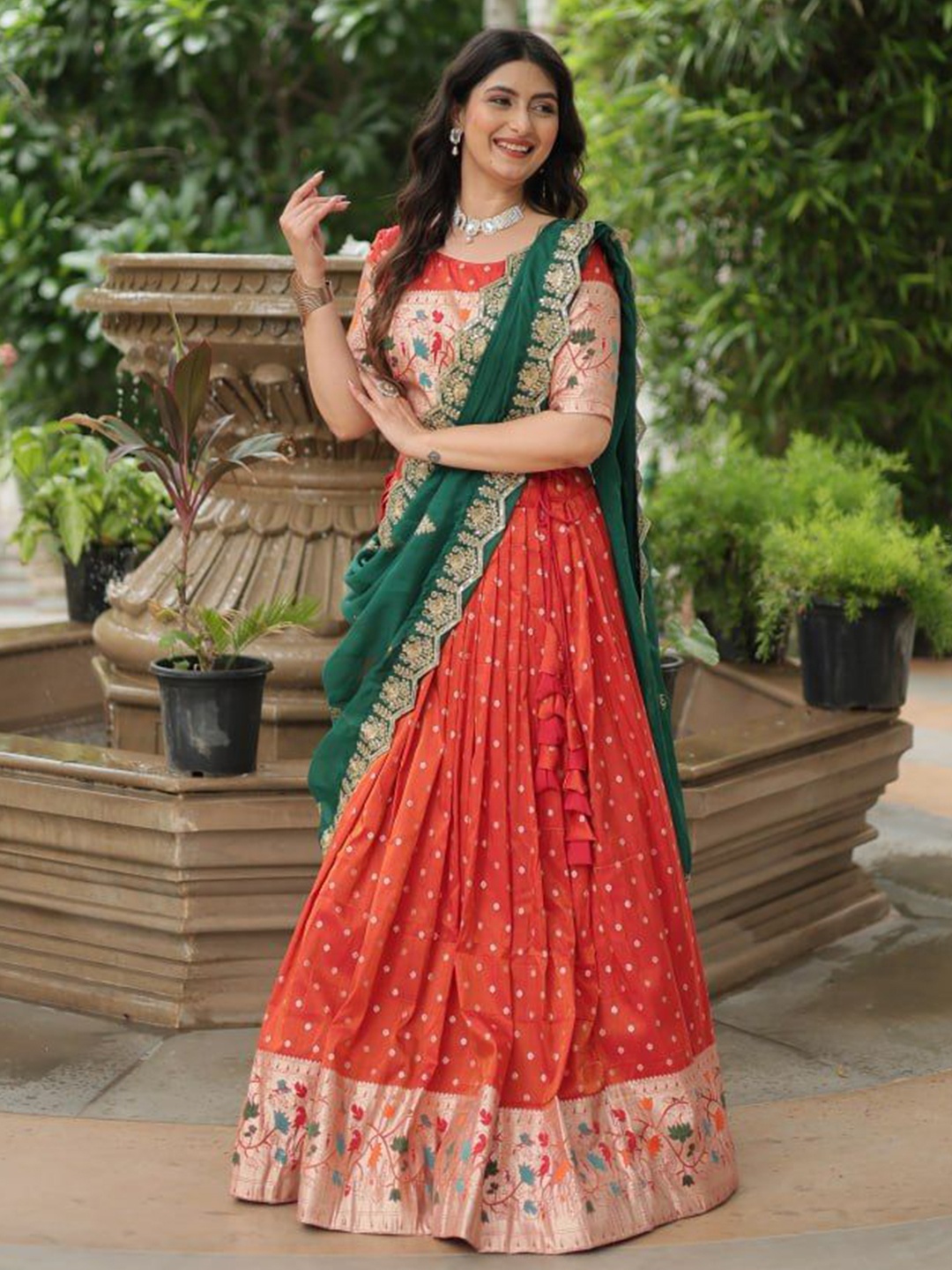

ZIBLON Printed Ready to Wear Lehenga With Blouse And Dupatta, Orange