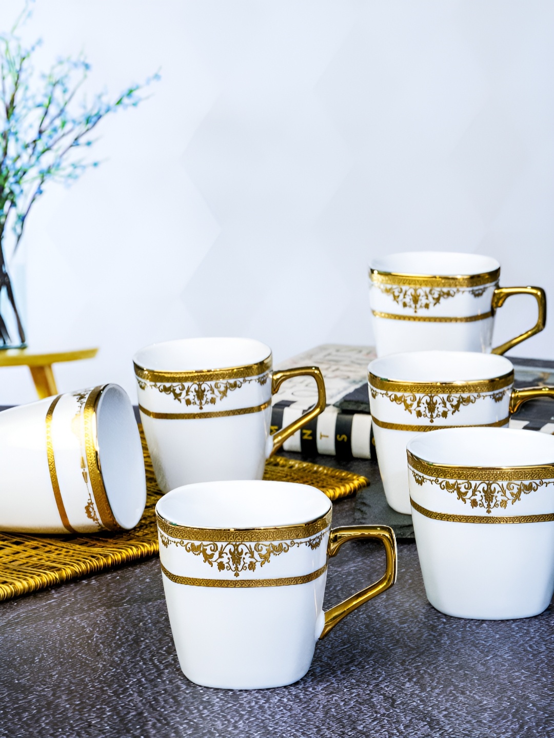 

Roxx White Printed 6 Pieces Dishwasher Safe Porcelain Glossy Finish Mugs 230ml