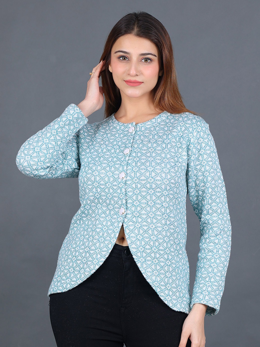 

Dadu Dayal Women Printed Woollen Cardigan, Blue