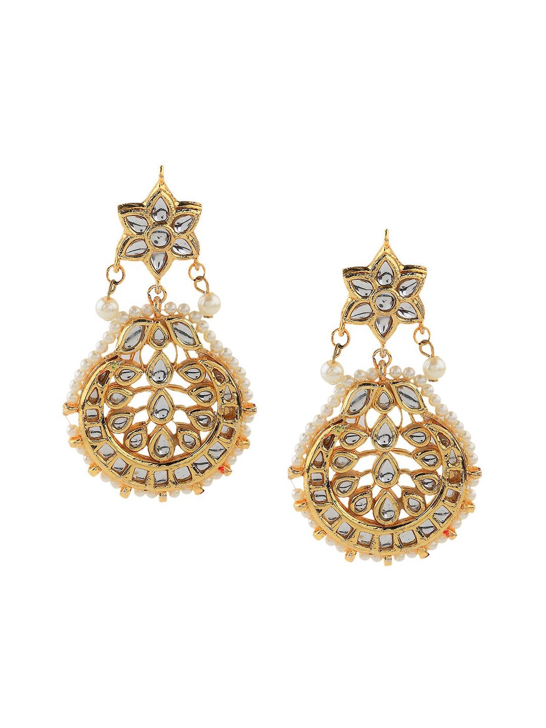

House of Pataudi Gold-Plated Kundan Studded Crescent Shaped Drop Earrings