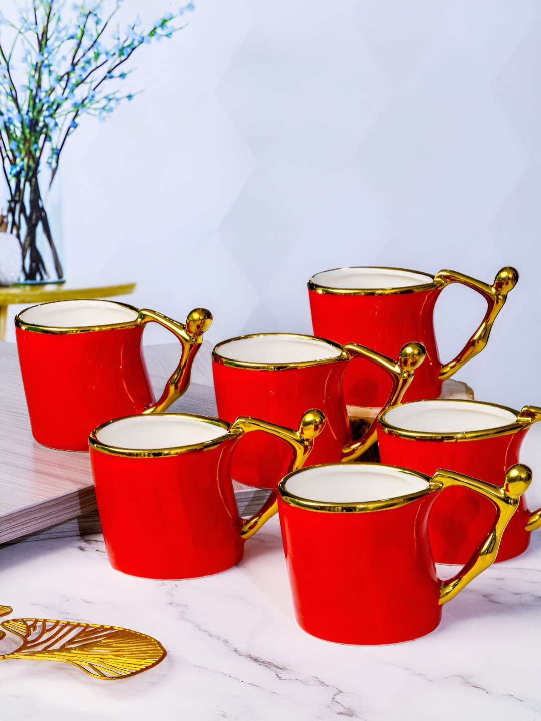 

Roxx Red & Gold-Toned 6 Pieces Dishwasher Safe Porcelain Glossy Finish Mugs 190ml