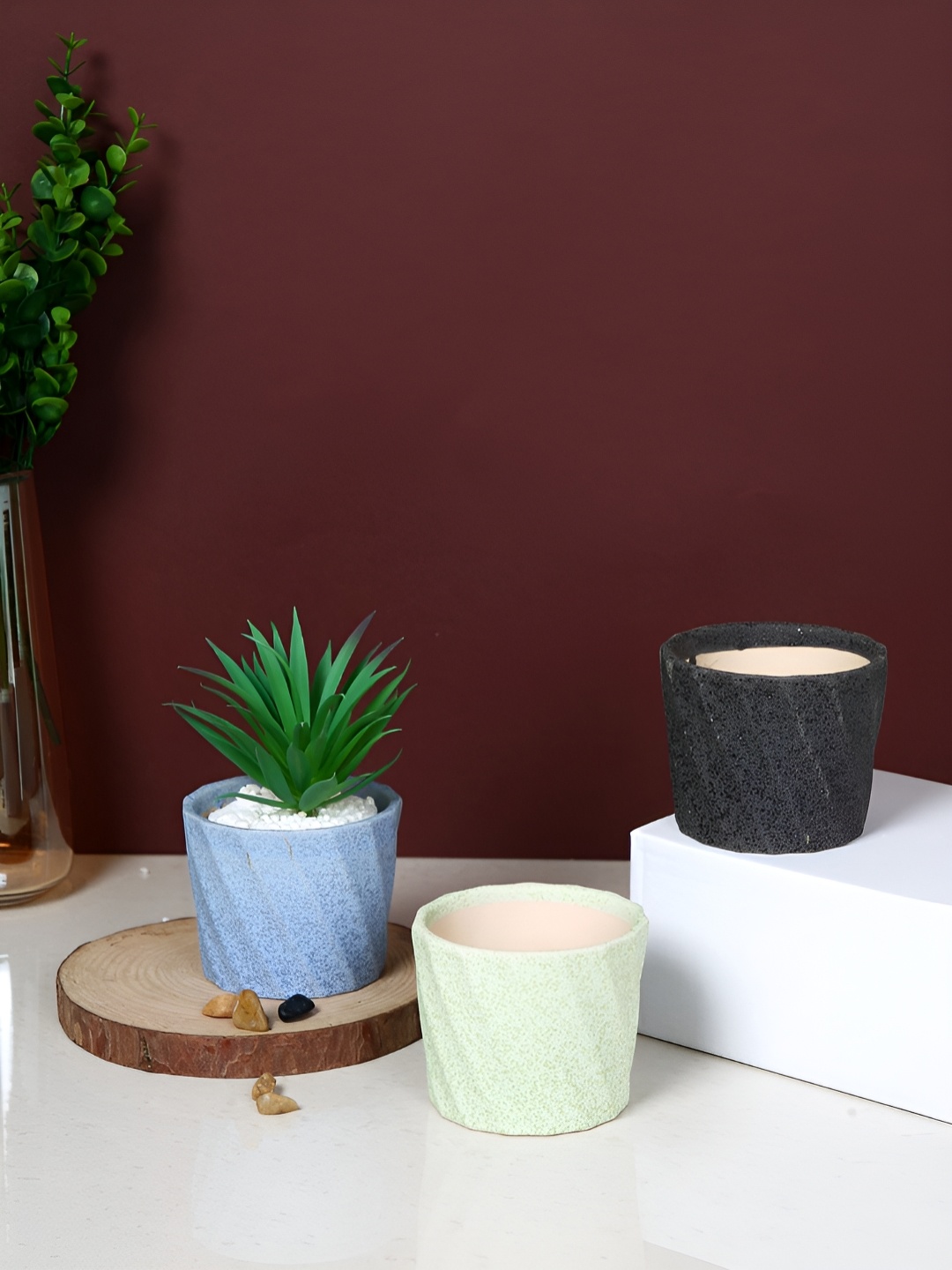 

TAYHAA Rustic Black & Blue 3 Pieces Textured Ceramic Planters