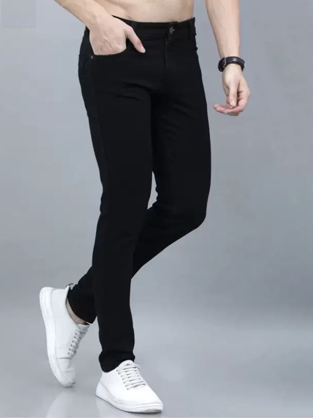 

LINARIA Men Classic Regular Fit Mid-Rise Slash Knee Stretchable Jeans, Black