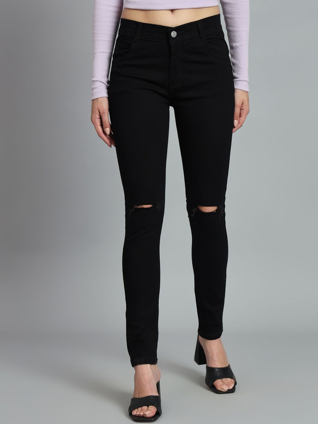 

LINARIA Women Classic Slim Fit Slash Knee Jeans, Black